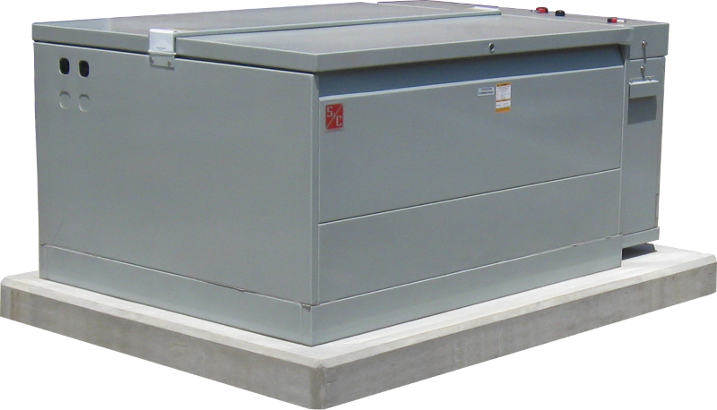Corner view of a Remote-Supervisory Vista® Underground Distribution Switchgear unit. It is a muted gray-green color with a red S&C logo on its front. The unit is closed and sits neatly on a concrete pad.