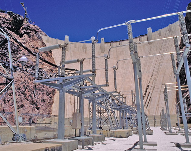 Daytime photo of a Series 2000 Circuit-Switcher in the Hoover Dam Model 2010, Corona Shields, Hoover Dam, Series 2000, Circuit Switcher, Hoover Dam, Substation